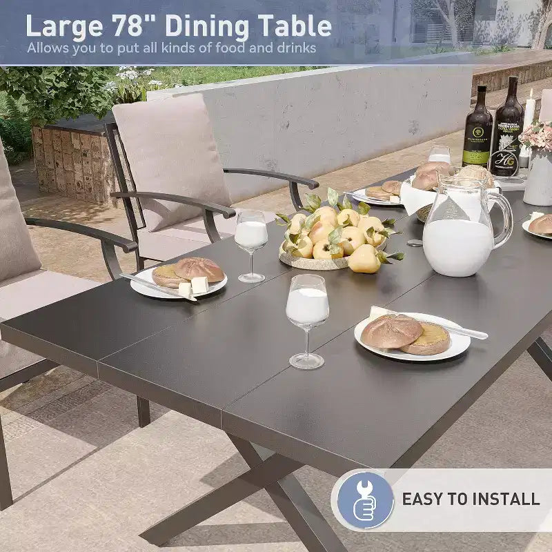 ALAULM Set di Mobili da Pranzo da Giardino da 16 Pezzi, Mobili da Esterno in Metallo, Set con 14 Sedie Fisse e 2 Tavoli Grandi con Ombrellone per Giardino