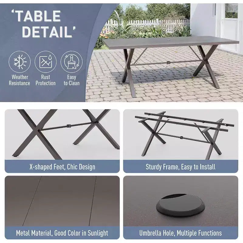 ALAULM Set di Mobili da Pranzo da Giardino da 16 Pezzi, Mobili da Esterno in Metallo, Set con 14 Sedie Fisse e 2 Tavoli Grandi con Ombrellone per Giardino