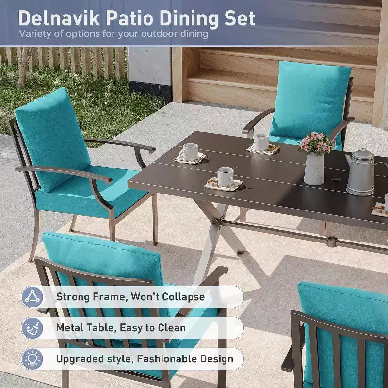 ALAULM Set di Mobili da Pranzo da Giardino da 16 Pezzi, Mobili da Esterno in Metallo, Set con 14 Sedie Fisse e 2 Tavoli Grandi con Ombrellone per Giardino