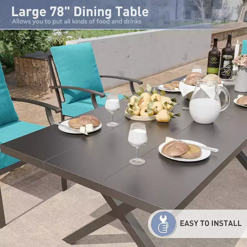 ALAULM Set di Mobili da Pranzo da Giardino da 16 Pezzi, Mobili da Esterno in Metallo, Set con 14 Sedie Fisse e 2 Tavoli Grandi con Ombrellone per Giardino