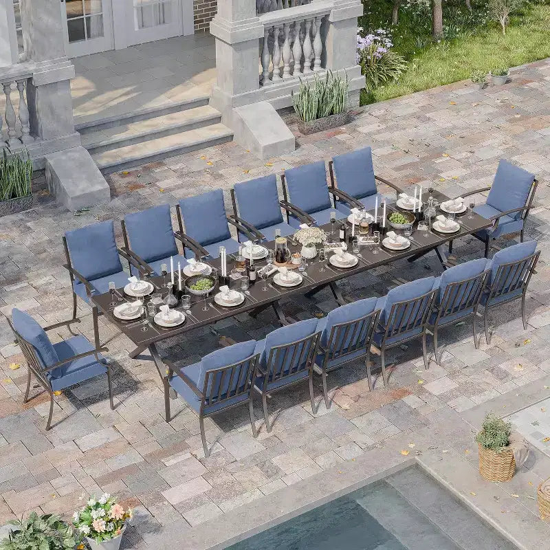 Set da pranzo da patio da esterno ALAULM da 16 pezzi, set di mobili da patio in metallo con 14 sedie fisse e 2 tavoli grandi con ombrellone per il giardino