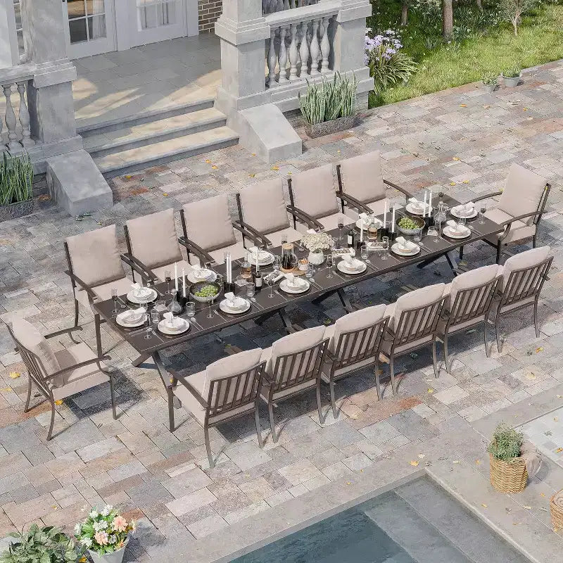 Set da pranzo da patio da esterno ALAULM da 16 pezzi, set di mobili da patio in metallo con 14 sedie fisse e 2 tavoli grandi con ombrellone per il giardino