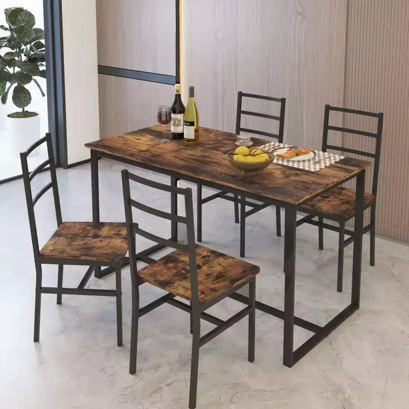 Okak Set da pranzo industriale di 5 pezzi, tavolo e sedie con schienale per sala da pranzo, ristorante, set da pranzo in metallo e legno per cene in famiglia