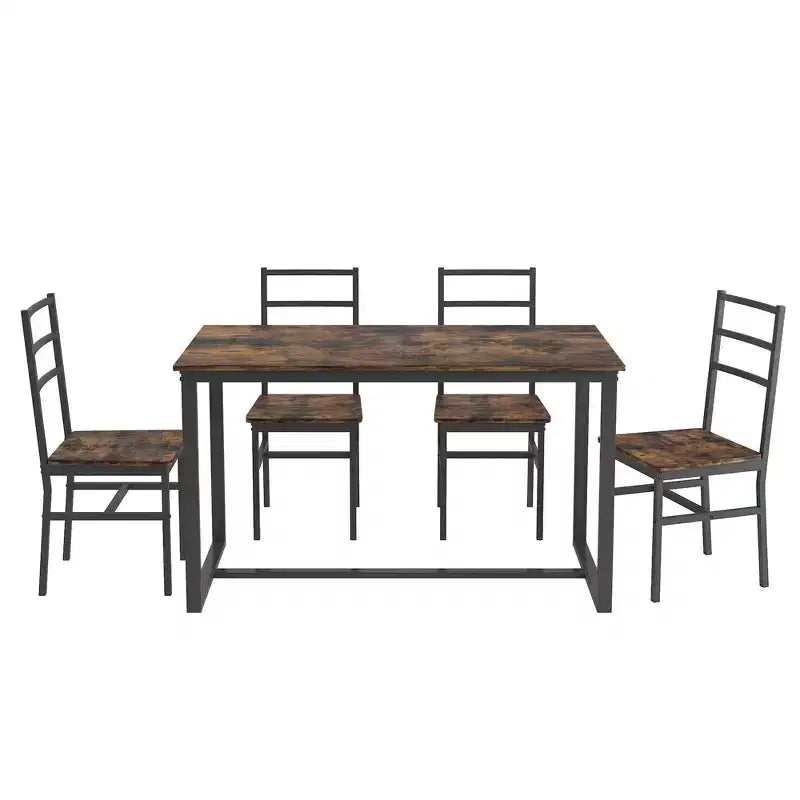Okak Set da pranzo industriale di 5 pezzi, tavolo e sedie con schienale per sala da pranzo, ristorante, set da pranzo in metallo e legno per cene in famiglia