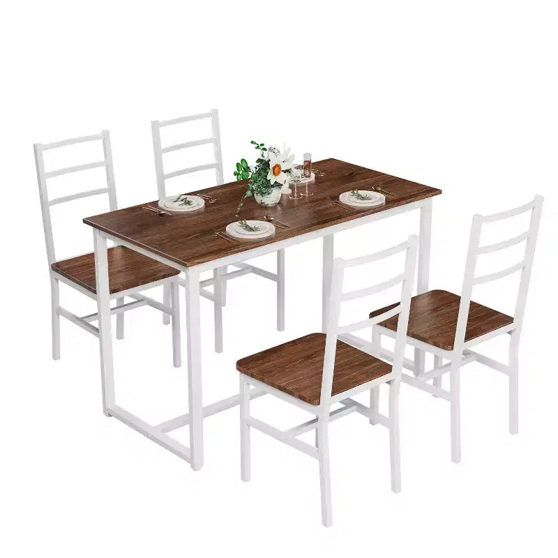 Okak Set da pranzo industriale di 5 pezzi, tavolo e sedie con schienale per sala da pranzo, ristorante, set da pranzo in metallo e legno per cene in famiglia