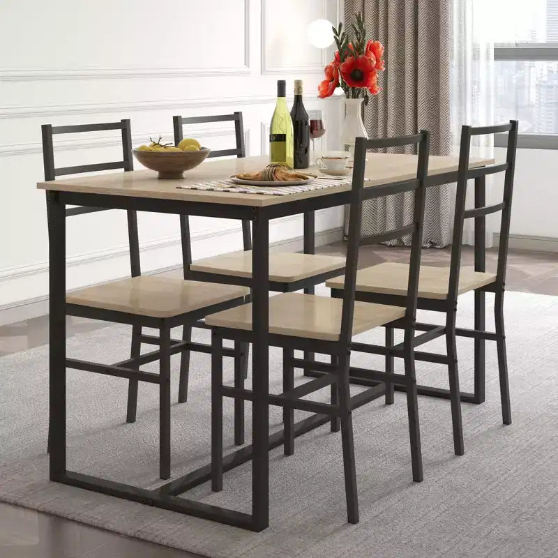 Okak Set da pranzo industriale di 5 pezzi, tavolo e sedie con schienale per sala da pranzo, ristorante, set da pranzo in metallo e legno per cene in famiglia
