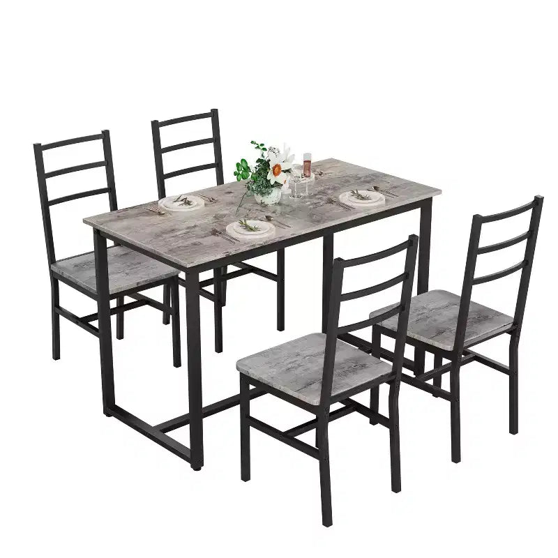 Okak Set da pranzo industriale di 5 pezzi, tavolo e sedie con schienale per sala da pranzo, ristorante, set da pranzo in metallo e legno per cene in famiglia