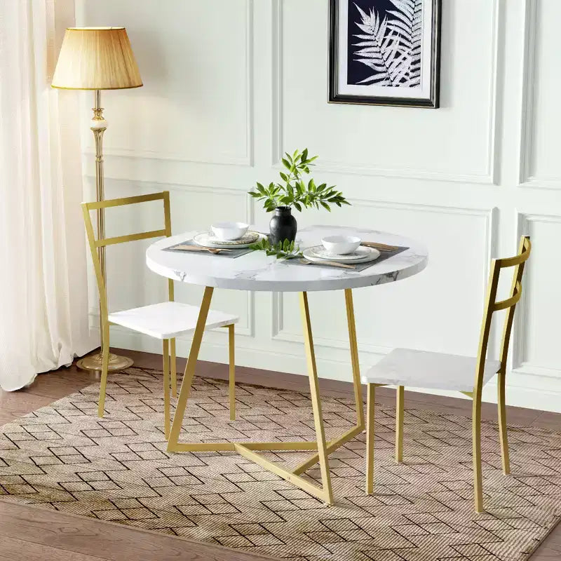 Set tavolo da pranzo per 2, tavolo e sedie da cucina rotondi in legno, 2 sedie in metallo e legno, per piccoli spazi, appartamento