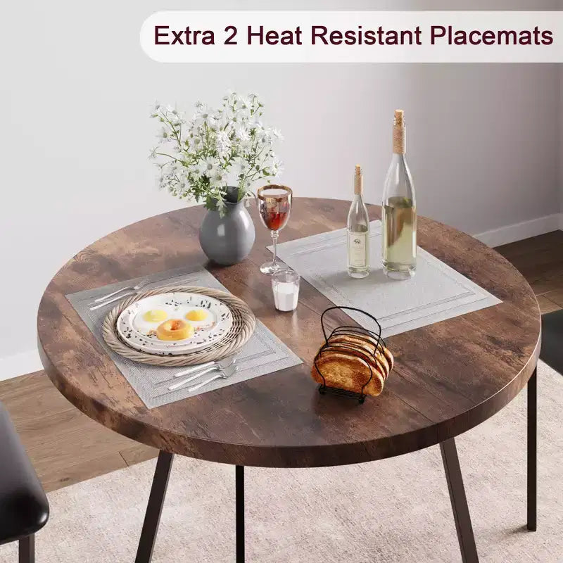 Set tavolo da pranzo per 2, tavolo e sedie da cucina rotondi in legno, 2 sedie in metallo e legno, per piccoli spazi, appartamento