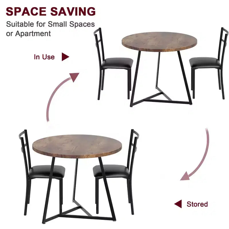 Set tavolo da pranzo per 2, tavolo e sedie da cucina rotondi in legno, 2 sedie in metallo e legno, per piccoli spazi, appartamento