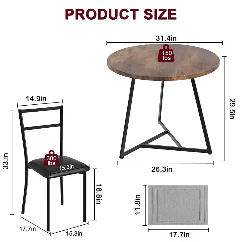 Set tavolo da pranzo per 2, tavolo e sedie da cucina rotondi in legno, 2 sedie in metallo e legno, per piccoli spazi, appartamento