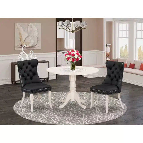 Set da pranzo in 3 pezzi con piano in legno massello, finitura bianco lino, tavolo rotondo e sedute imbottite - posti 4