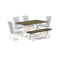 HomeStock 6-Piece Rectangle Wire Brushed Linen White Finish Solid Wood Top Dining Table with 1-Bench, 4-Chairs