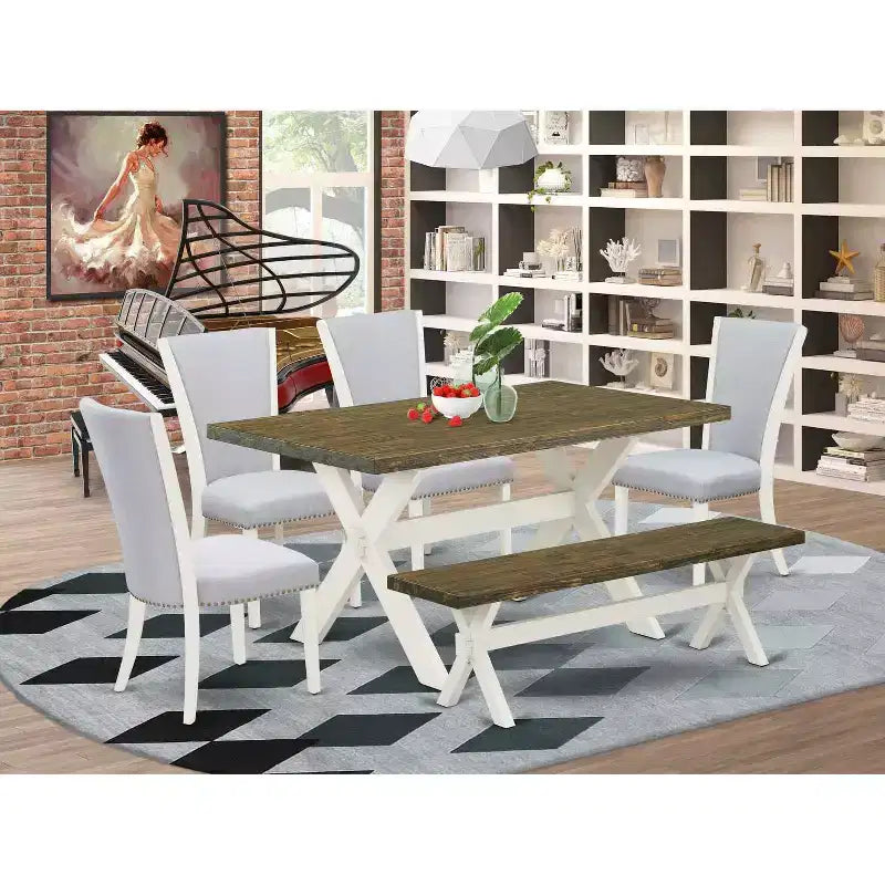 HomeStock Tavolo da Pranzo Rettangolare da 6 Pezzi in Legno Massello con Finitura Lino Bianco Spazzolato e 1 Panca, 4 Sedie