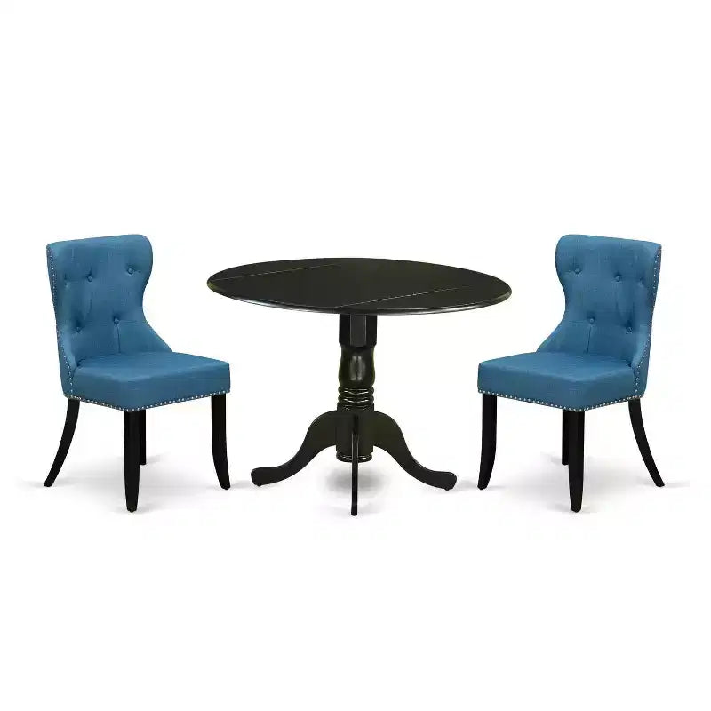 Nordic Dining Table Set for 2 - Modern Round Pedestal Table & Linen Fabric Chairs - Mineral Blue & Black
