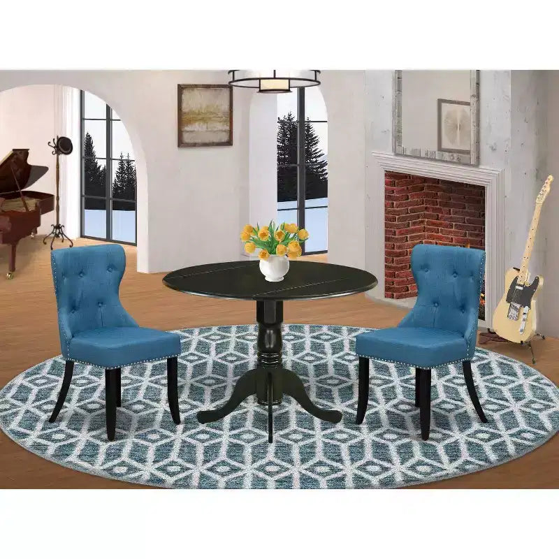 Set da pranzo nordico per 2 - Tavolo rotondo moderno con base a piedistallo e sedie in tessuto di lino - Blu minerale e nero