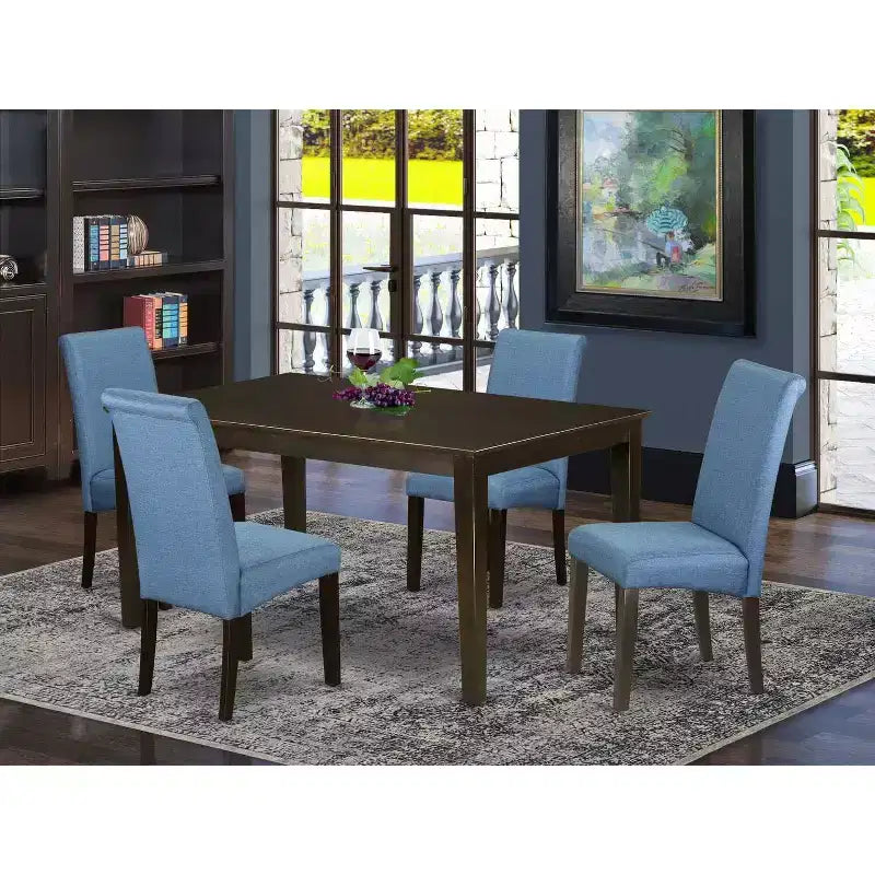 Set da Tavolo da Cucina 5 Pezzi Stile Marino - Sedie in Tessuto Blu Lino e Gambe Color Cappuccino - Tavolo da Pranzo