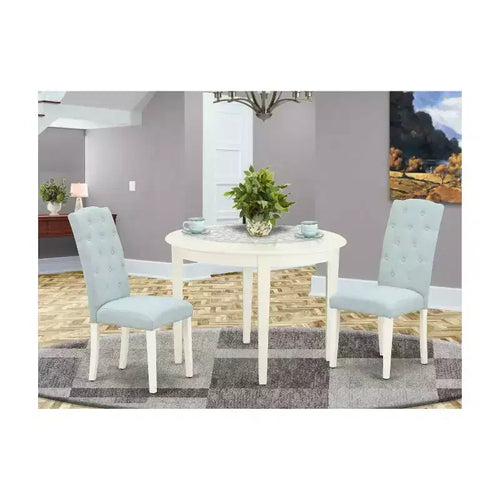 3-teiliges Esszimmer-Set - Küchentisch und 2 Stühle - kleiner runder Tisch - Leinenweiß und Babyblau