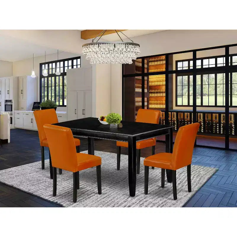 HomeStock Tavolo da Pranzo Rettangolare 5 Pezzi con Piano in Legno Massello Finitura Nera e 4 Sedie Parson