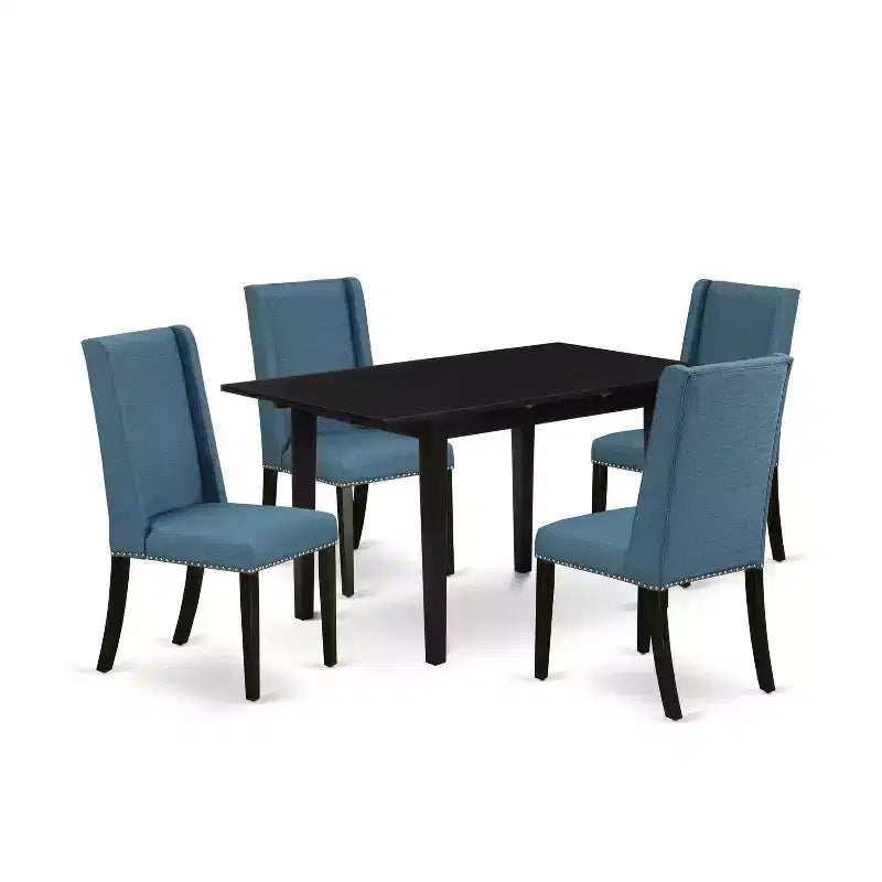 HomeStock 5-Pc Black Finish Solid Wood Top - Rectangular Upholstered Dining Room Set with Butterfly Leaf - Seats 4