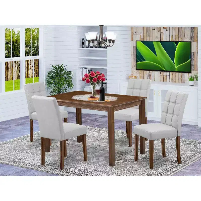 HomeStock Set da Pranzo 5 Pezzi con Finitura Noce Antico, Top in Legno Massello - Rettangolare - 4 Posti a Sedere