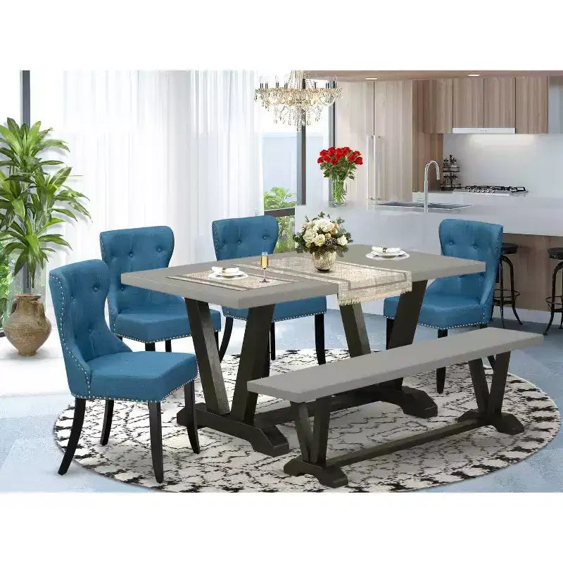 Tavolo da pranzo HomeStock in rovere naturale con 1 panca e 4 sedie, 6 pezzi