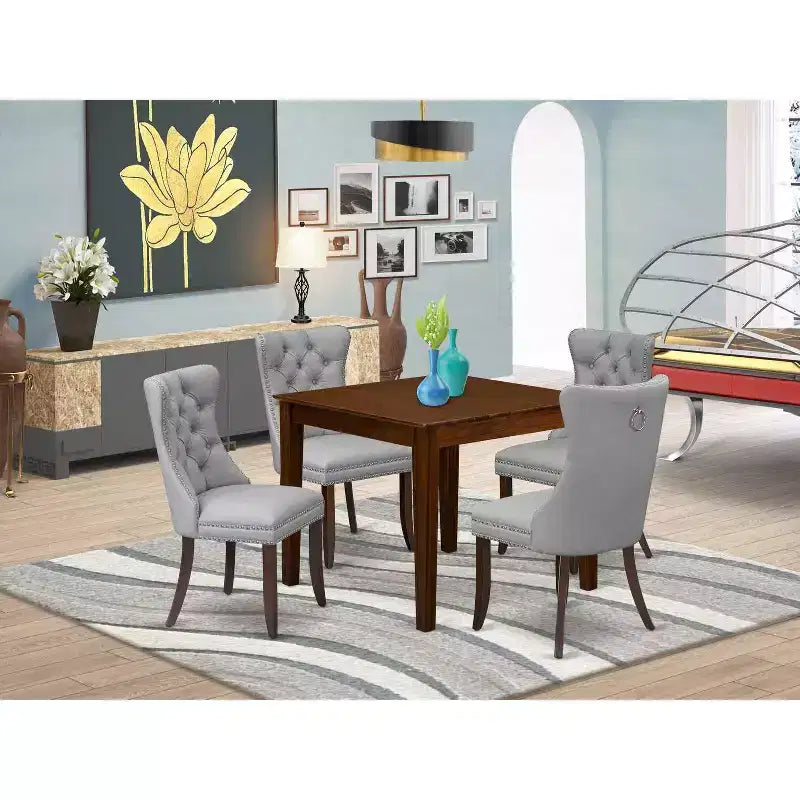 Set da pranzo imbottito da 4 posti, 5 pezzi in legno massello con finitura mogano - piano quadrato