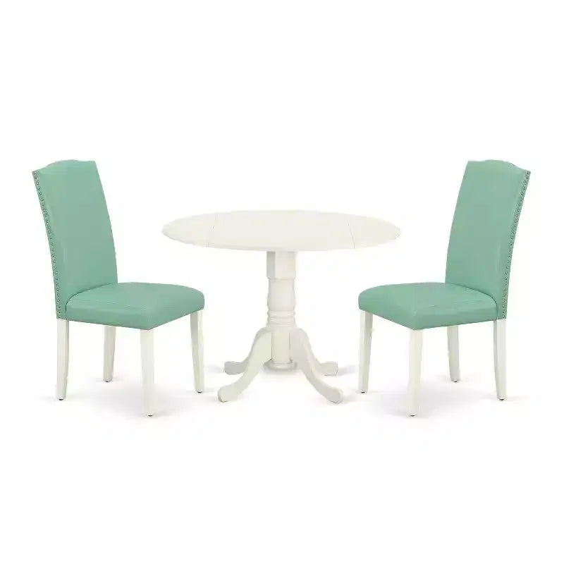 Round Kitchen Table Set 3pc 42 Inch Table w/ Drop Leaves & 2 Parsons Chairs - Modern Dining Set