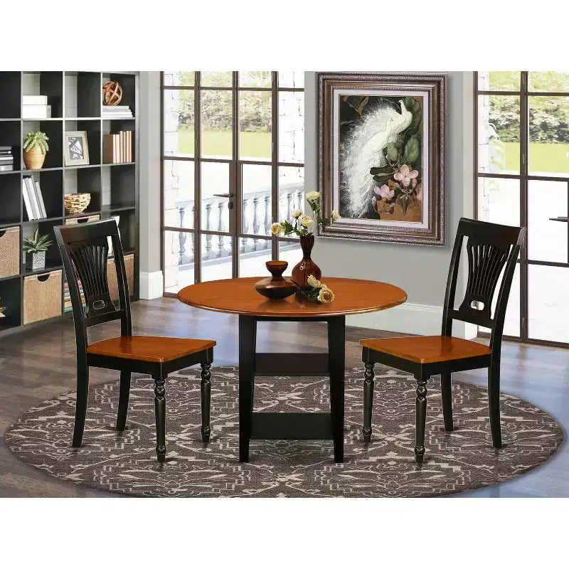 HomeStock Set da Pranzo 3 Pezzi Tavolo Rotondo con Piano in Legno Massello Finitura Nera e Ciliegio