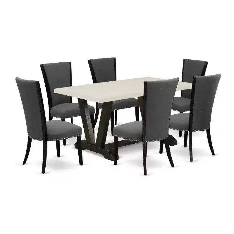HomeStock 7-Piece Natural Oak Finish Solid Wood Top Dining Table with 6 Chairs