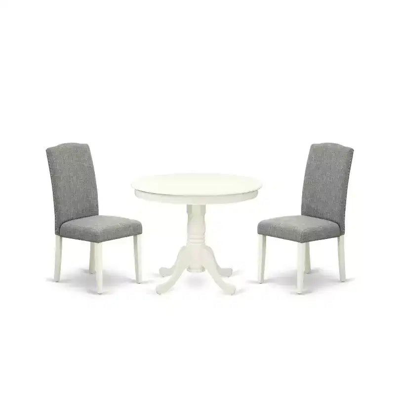 Round Dining Table Set 36 Inch - 3Pc Table & Chairs - Linen White Legs - Dark Shitake Fabric
