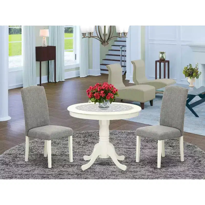 Set Tavolo da Pranzo Rotondo 36 Pollici - Tavolo e Sedie 3 Pezzi - Gambe Lino Bianco - Tessuto Dark Shitake