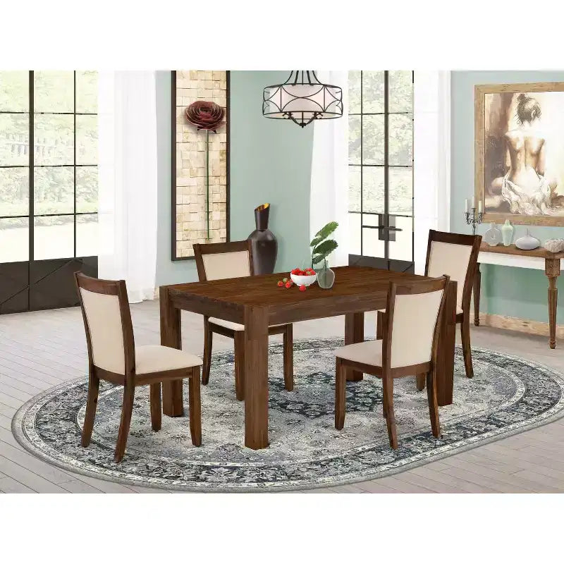 Set da pranzo da 5 pezzi in legno massello con finitura marrone naturale e top imbottito, con schienale alto - 4 posti