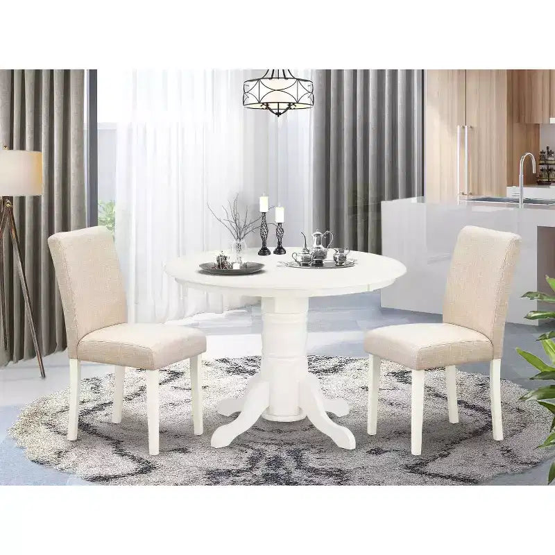 Set tavolo da pranzo rotondo 3 pz - Tavolo da 42 pollici e 2 sedie Parsons - Gambe bianco lino - Tessuto beige chiaro
