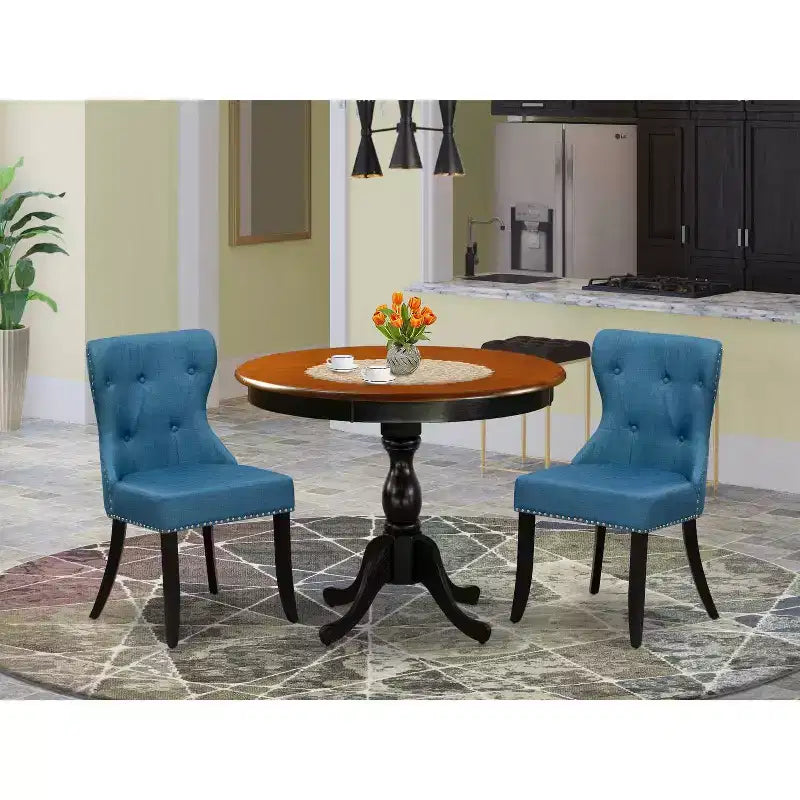 Set sala da pranzo in 3 pezzi con piano in legno massello nero e ciliegio - con bottoni trapuntati - 4 posti a sedere