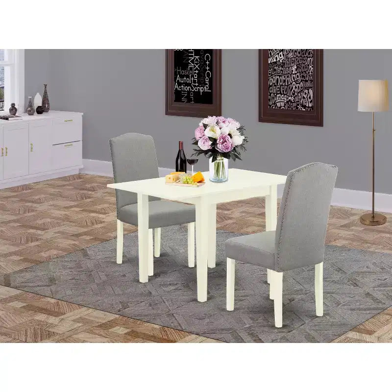Set da tavolo da pranzo HomeStock 3 pezzi con piano in legno massiccio finitura lino bianco