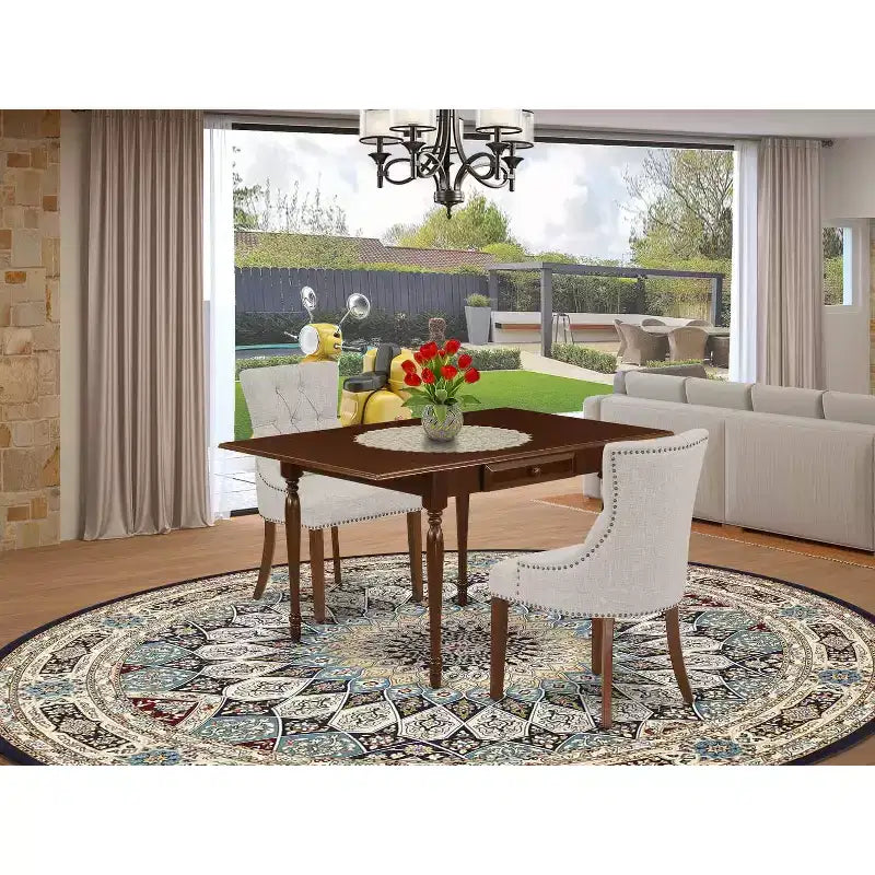 Set da pranzo HomeStock 3 pezzi con piano in legno massello finitura mogano e tavolo con ribalte laterali