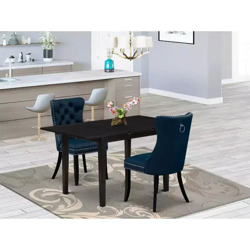 HomeStock Set tavolo da pranzo rettangolare 3 pezzi con piano in legno massello finitura nera e prolunga a farfalla