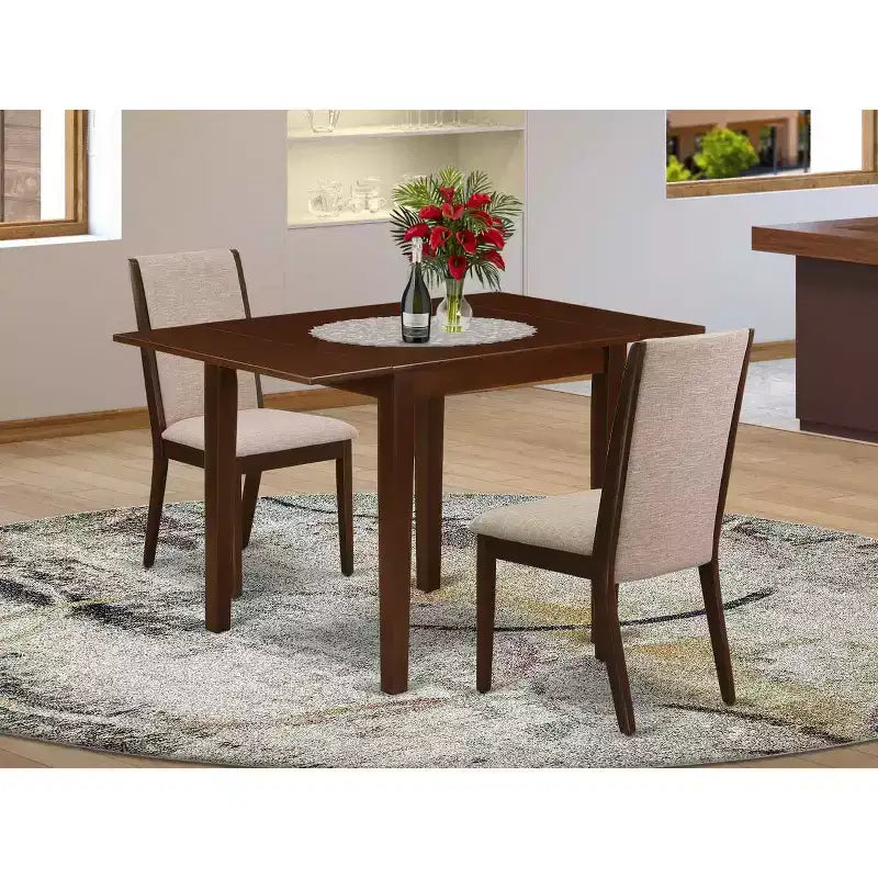 Set da pranzo HomeStock in 3 pezzi con piano rettangolare in legno massello finitura mogano e alette abbattibili