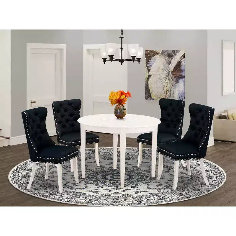 Set da pranzo rotondo a 5 pezzi in legno massello con piano in lino bianco - 4 posti