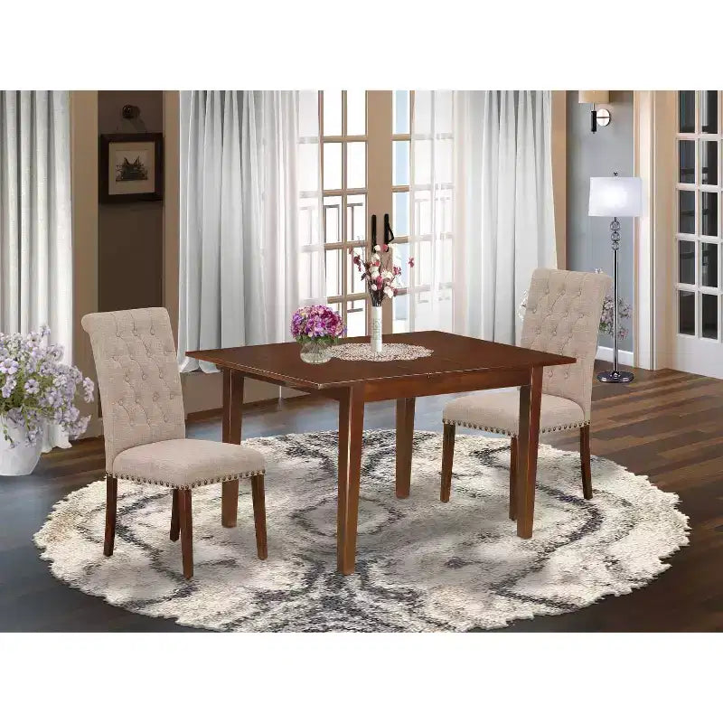 HomeStock Set da Pranzo 3 Pezzi con Tavolo Rettangolare in Legno Massello con Finitura Mogano e Allunga a Farfalla