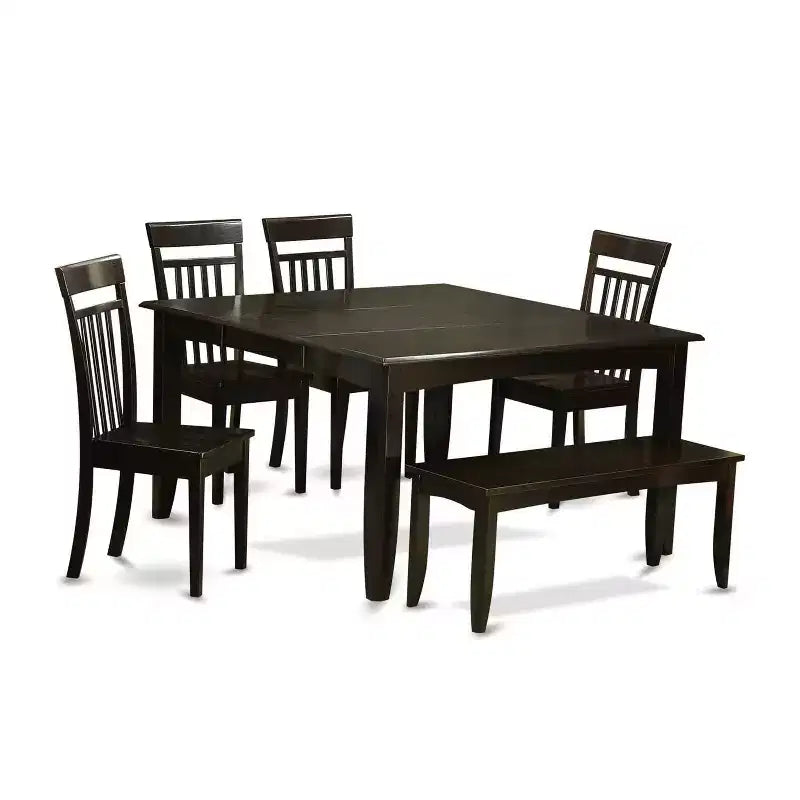 HomeStock 6-Piece Square Cappuccino Finish Solid Wood Top dining Table with 1-Bench and 4-Chairs