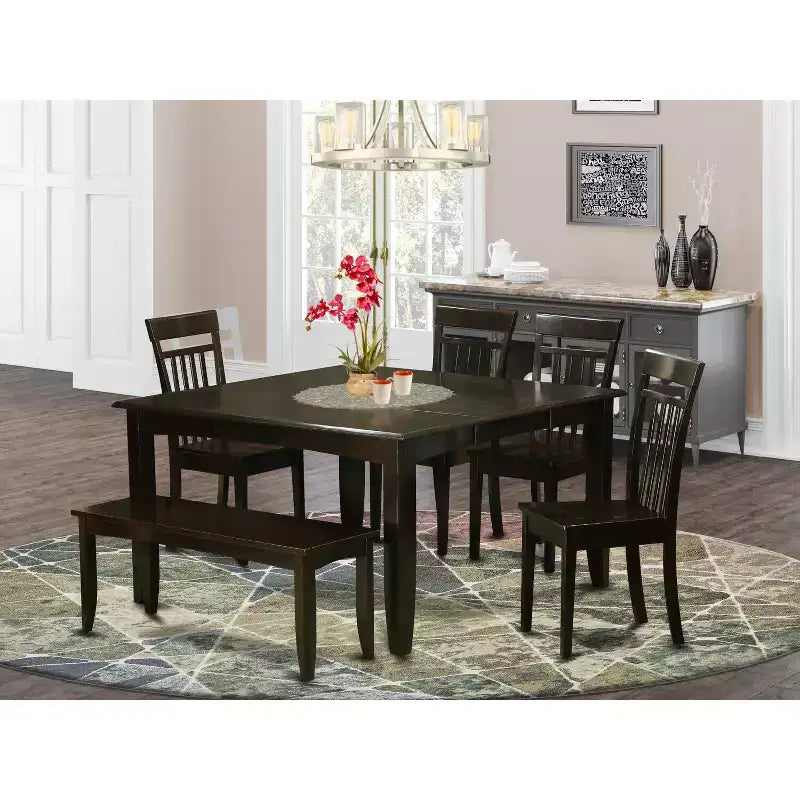Tavolo da pranzo HomeStock 6 pezzi quadrati in legno massello con finitura color cappuccino, con 1 panca e 4 sedie