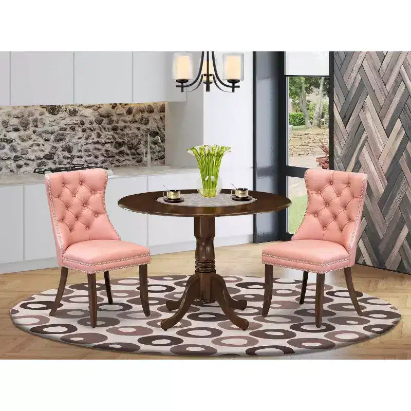 Set da 3 pezzi per sala da pranzo con tavolo rotondo imbottito in legno massello finitura noce antico - 4 posti
