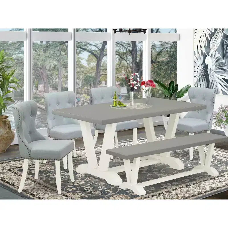 Set da tavolo da pranzo HomeStock 6 pezzi con piano in legno massello e finitura in rovere naturale