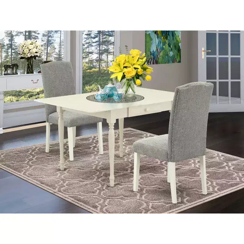 Set Tavolo da Pranzo a 3 Pezzi in Legno Massello con Finitura Lino Bianco