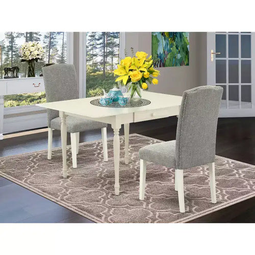 Set da pranzo da 3 pezzi con finitura bianco lino e piano in legno massello