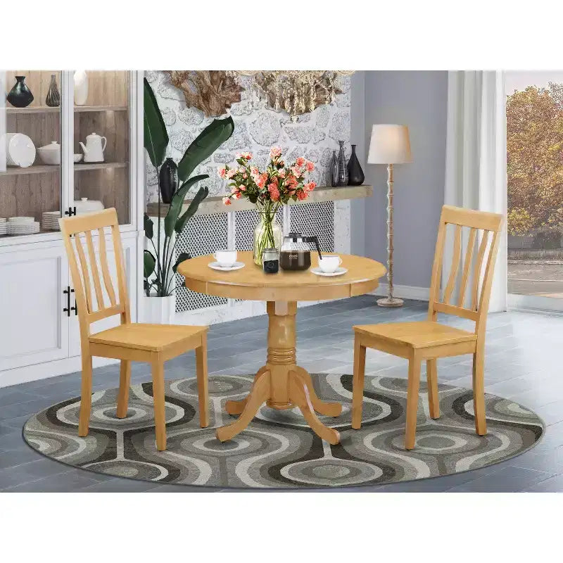 HomeStock Set da Pranzo 3 Pezzi con Tavolo Rotondo e 2 Sedie, Top in Legno Massello di Rovere Naturale