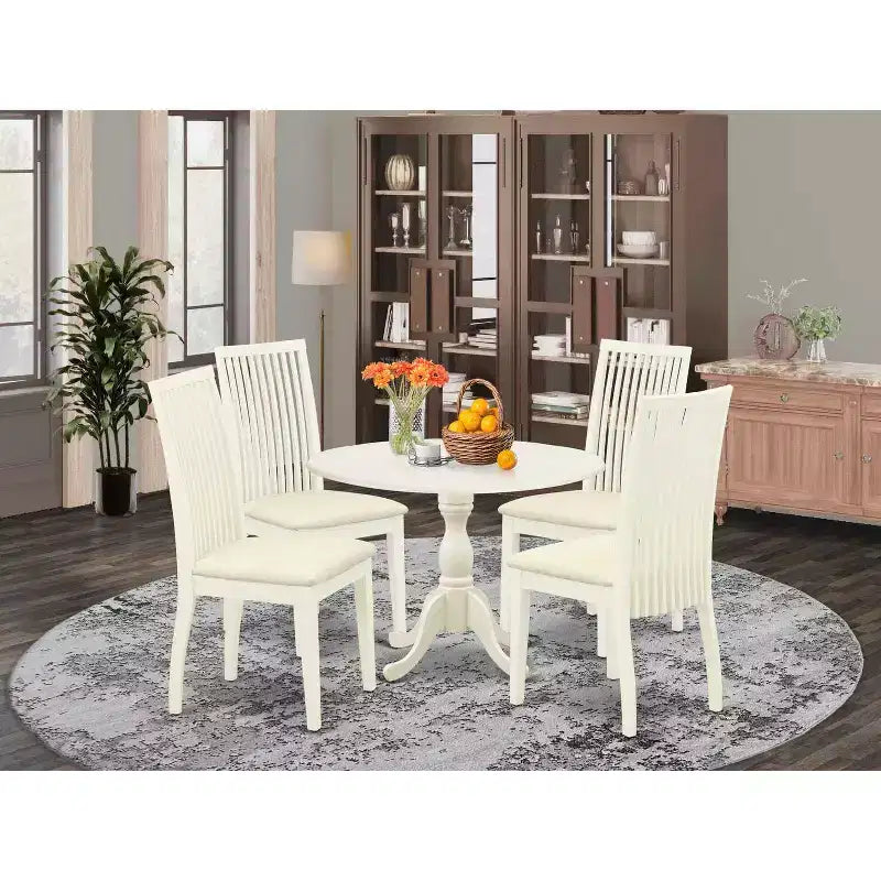 HomeStock Tavolo da pranzo in legno massello con piano bianco lino a 5 pezzi con 4 sedie con schienale a doghe a ribalta