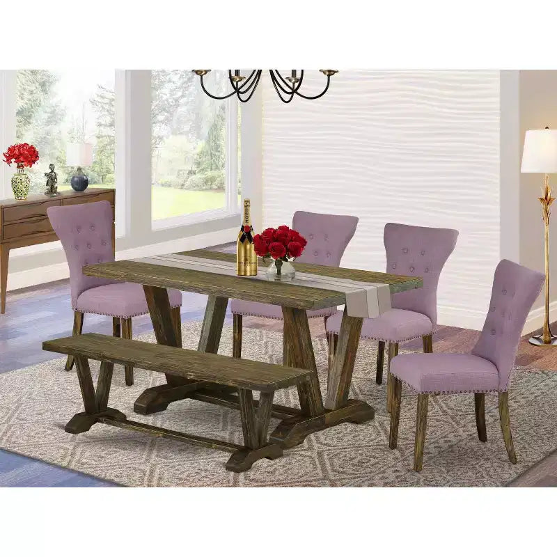 HomeStock Tavolo da Pranzo Rettangolare 6 pz con Finitura Jacobeana Anticata, Piano in Legno Massello, 1 Panca, 4 Sedie